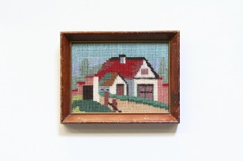 Wall Dec, Stitched, CLEARABLE, NEEDLEPOINT, HOUSE W/SHED, BROWN AGED WOOD FRAME, EMBROIDERY, MULTI-COLORED