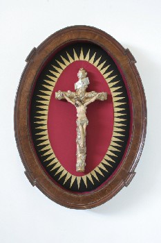 Religious, Crucifix, JESUS ON CROSS IN RAISED OVAL BASE, CLEARABLE, WOOD, BROWN