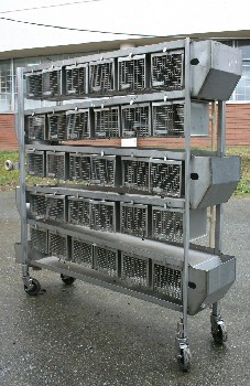 Cage, Laboratory, UNIT W/30 SMALL SIZED LAB ANIMAL CAGES & SIDE CONTAINERS, ROLLING , STAINLESS STEEL, SILVER