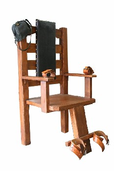 Chair, Misc, MOVIEMADE 3 LEG ELECTRIC CHAIR W/LEATHER ANKLE & WRIST RESTRAINT STRAPS & BLACK LEATHER SKULL CAP, STUDDED BLACK LEATHER SEAT BACK, WOOD, BROWN