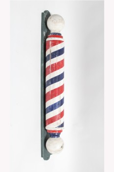 Sign, Barber Shop, HAND PAINTED BARBER POLE W/SLIGHTLY AGED LOOK, STRIPED, WALLMOUNT, WOOD, WHITE