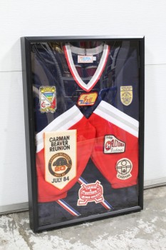 Wall Dec, Shadow Box, RED WHITE & BLUE SPORTS JERSEY, "JEFF" NAME PATCH, ASSORTED 1970s & 1980s PENNANTS PATCHES & CRESTS, BLACK PLAIN FRAME, BLACK