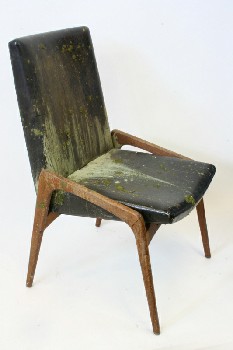 Chair, Misc, MID CENTURY MODERN, ANGLED WOOD ARMS, BLACK LEATHER SEAT, VERY AGED/DISTRESSED W/GREEN STUFF, WOOD, GREEN