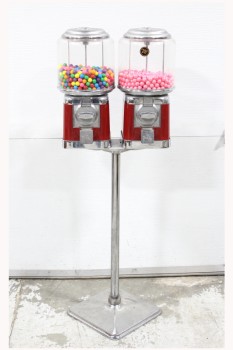 Vending, Misc, DOUBLE GUMBALL DISPENSER, CANDY OPERATED SNACK/CANDY VENDER, OLD STYLE LOOK W/11x11" BASE, METAL, RED