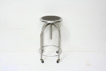 Stool, Stainless, MEDICAL, HOSPITAL, LAB, ROUND SEAT W/BROWN TOP, ROLLING, STAINLESS STEEL, SILVER