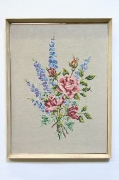 Wall Dec, Stitched, CLEARABLE, NEEDLEPOINT, FLOWERS, ROSES / LAVENDER W/LEAVES, WOOD FRAME, EMBROIDERY, MULTI-COLORED