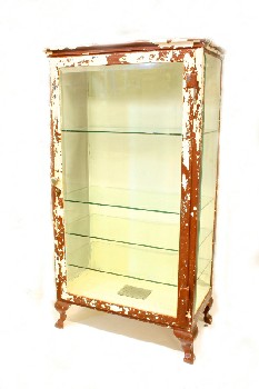 Shelf, Metal, ANTIQUE HOSPITAL / DOCTOR / PHARMACY MEDICAL SUPPLY OR DISPLAY STYLE CABINET, BEVELED GLASS FRONT, SIDES & INTERIOR SHELVES, PEELING PAINT, AGED, DISTRESSED, METAL, BROWN