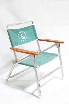 Chair, Folding, OUTDOOR/LAWN, GREEN CANVAS SEAT W/WHITE ANCHOR, WOOD ARMS, CANVAS, GREEN