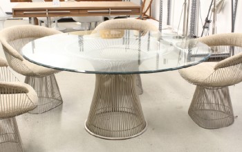 Table, Dining, MODERN, CHROME FINISH, WIRE BASE, WELDED CURVED STEEL RODS IN CIRCULAR FRAME, ROUND 1/4" THICK GLASS TOP, SEATS 4-6, IN THE STYLE OF WARREN PLATNER, STAINLESS STEEL, SILVER