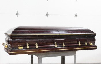 Coffin, Misc, CASKET, BRASS TRIM ON CASKET & HANDLES, WHITE INTERIOR, WOOD, BROWN