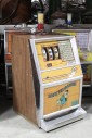 Game, Casino , 25c SLOT MACHINE, SIDE PULL LEVER W/BLACK BALL END, BROWN LAMINATE SIDES, "ROPE 'EM DOGGIE" GRAPHIC PANEL, TOP LIGHT , METAL, YELLOW