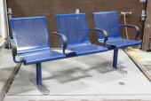 Bench, Misc, PUBLIC WAITING AREA MULTIPLE SEATING FOR AIRPORT TERMINAL ETC., BENCH W/3 CONNECTED PERFORATED SEATS, CHROME FEET, METAL, BLUE