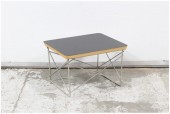 Table, Side, BLACK LAMINATE LAYERED PLYWOOD TOP, WIRE ROD CRISSCROSSED LEGS, WOOD, BLACK