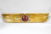 Wall Dec, Plaque, REPLICA ANCIENT EGYPTIAN TEMPLE PEDIMENT, WINGS, RED SUN, 2 COBRA SNAKES, WOOD, GOLD