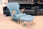 Chair, Lounge, MODERN, HIGH WING BACK, ANGLED WOOD ARMS, WOOD LEGS - Matching Ottoman Available, FABRIC, BLUE