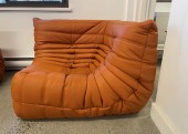 Chair, Lounge, CORNER PIECE TO SECTIONAL LOUNGE SET, CREASED / QUILTED / TUFTED / PLEATED, LOW SLUNG, PILLOW-LIKE, CURVED, ERGONOMIC, NO HARD POINTS, IN THE STYLE OF MICHEL DUCAROY'S TOGO FOR LIGNE ROSET, LEATHER, BROWN