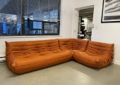 Sofa, Three Seat, COUCH PIECE TO SECTIONAL LOUNGE SET, ARMLESS, CREASED / QUILTED / TUFTED / PLEATED, LOW SLUNG, PILLOW-LIKE, CURVED, ERGONOMIC, NO HARD POINTS, IN THE STYLE OF MICHEL DUCAROY'S TOGO FOR LIGNE ROSET, LEATHER, BROWN