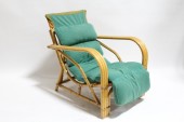 Chair, Rattan, LOUNGE, ROUNDED ARMS, RATTAN, CURVED ARMS, WRAPPED FRAME, REMOVEABLE GREEN CUSHION, WOOD, BROWN