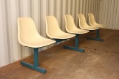 Bench, Seats, 5 ARMLESS MOLDED SEATS, BLUE METAL FRAME W/3 T-BAR LEGS, METAL, BEIGE