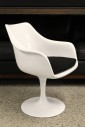 Chair, Side, MODERN, GLOSSY, CURVED SEAT W/ARMS, TULIP BASE IN THE STYLE OF EERO SAARINEN, SWIVELS, ROUND BLACK CUSHION, FIBERGLASS, WHITE