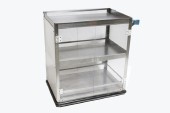 Cart, Metal, CLEAR PLEXI DOORS FRONT & BACK,TRANSLUCENT ENDS,1 HANDLE W/BLUE PLASTIC ENDS, SHELF, ROLLING , STAINLESS STEEL, SILVER