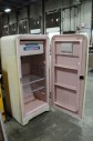 Appliance, Fridge, VINTAGE ICE BOX, 1 LATCHED DOOR, PINK INTERIOR, ROUNDED, METAL, WHITE
