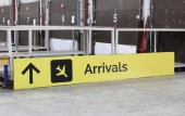 Sign, Airport, "ARRIVALS", ARROW, AIRPLANE GRAPHIC, BLACK TEXT, OVER 13.5 FT LONG (164"), YELLOW