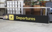 Sign, Airport, "DEPARTURES", ARROW, AIRPLANE GRAPHIC, YELLOW TEXT, OVER 13.5 FT LONG (164"), BLACK