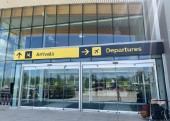 Sign, Airport, "DEPARTURES", ARROW, AIRPLANE GRAPHIC, YELLOW TEXT, OVER 13.5 FT LONG (164"), BLACK