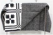 Bedding, Quilt, CLEARED, HANDMADE QUILT, FRONT BLACK SHAPES ON WHITE, BACK IS BLACK & WHITE PATTERN , FABRIC, BLACK