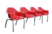 Bench, Seats, 4 MOLDED SHELL SEATS, GREY METAL FRAME, VINTAGE, MID CENTURY , FIBERGLASS, RED