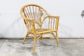 Chair, Rattan, VINTAGE, ROUNDED BACK W/ARMS, NO CUSHION, RATTAN, BROWN