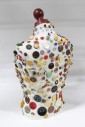 Sewing, Dress Form, BUST / TORSO MODEL, COLLECTION OF UNIQUE SMALL VINTAGE COLOURFUL CELLULOID & BAKELITE BUTTONS, SEWN ON, WHITE CANVAS W/BROWN WOOD, RETRO, HAND SEWN W/MEASURING TAPE, SEAMSTRESS/TAILOR, ARTS & CRAFTS, FABRIC, MULTI-COLORED