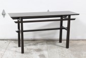Table, Console, SOFA / HALL TABLE, MINIMAL ALTAR STYLE W/LOWER BARS, STRAIGHT LINES, WOOD, BROWN