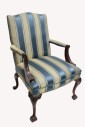 Chair, Armchair, SILK STRIPED UPHOLSTERY,CURVED WOOD LEGS & ARM SUPPORTS, CLAW FEET, FABRIC, BLUE