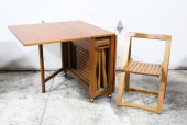 Table, Folding, VINTAGE MID CENTURY MODERN, TEAK, DROPSIDE W/2 HINGED GATE LEG LEAVES, PORTABLE TABLE & CHAIR SET HOLDS 4 HIDEAWAY CHAIRS (RENT SEPARATELY) BEHIND ACCORDION DOOR, FOLDED UNIT MEASURES 29x13x34", 29x62x34" WIDE FULLY EXTENDED, ROLLING, WOOD, BROWN