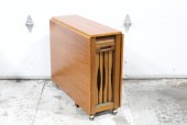 Chair, Folding, VINTAGE MID CENTURY MODERN, TEAK, SLAT SEAT, GOES W/PORTABLE TABLE & CHAIR SET, HIDEAWAY CHAIR FITS IN TABLE BASE BEHIND ACCORDION DOOR, TABLE & CHAIRS RENT SEPARATELY, WOOD, BROWN