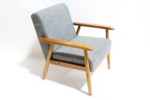 Chair, Armchair, WOOD ARMS & FRAME, TEXTURED GREY & BLUE UPHOLSTERY, WOOD, BROWN