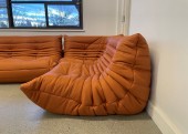 Chair, Lounge, SINGLE PIECE TO SECTIONAL LOUNGE SET, ARMLESS, CREASED / QUILTED / TUFTED / PLEATED, LOW SLUNG, PILLOW-LIKE, CURVED, ERGONOMIC, NO HARD POINTS, IN THE STYLE OF MICHEL DUCAROY'S TOGO FOR LIGNE ROSET, LEATHER, BROWN