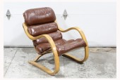 Chair, Lounge, VINTAGE BENT WOOD LOUNGER, PADDED SECTIONS, RIPPED SEAT BACK - Matching Footstool Available, VINYL, BROWN
