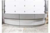 Counter, Misc, LOBBY/RECEPTION DESK, 2 LEVELS (COUNTER HEIGHT IS 30", SHELF IS 41"), HORIZONTAL SLATS, CURVED - OUTER WIDTH IS 45", INNER WIDTH IS 29" - Centre Section Of 3 Pc Larger Unit, See Photos For Complete Setup, WOOD, GREY