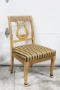 Chair, Side, NEOCLASSICAL STYLE, CARVED LYRE BACK, OLIVEWOOD FRAME W/BLACK STRIPE UPHOLSTERY, WOOD, BROWN